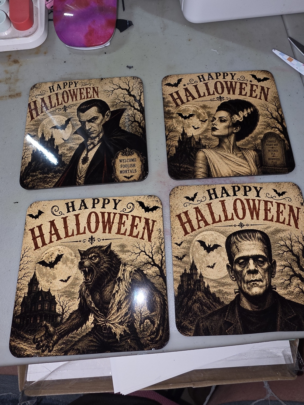 Happy Halloween Vintage Monster Coaster Set - Tan & Black